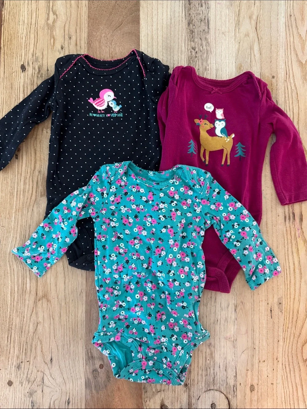 Carter's Long-Sleeve Baby Bodysuits - Teal Floral, Black Dot & Berry Deer